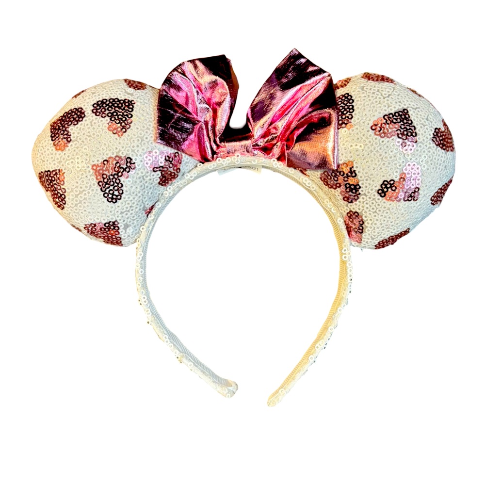 Pink white SEQUIN DISNEY Minnie mouse ears costume headband hearts Halloween